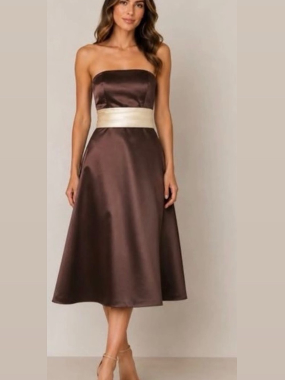 Bill Levkoff Strapless Brown Satin Midi Dress with Cream Waistband